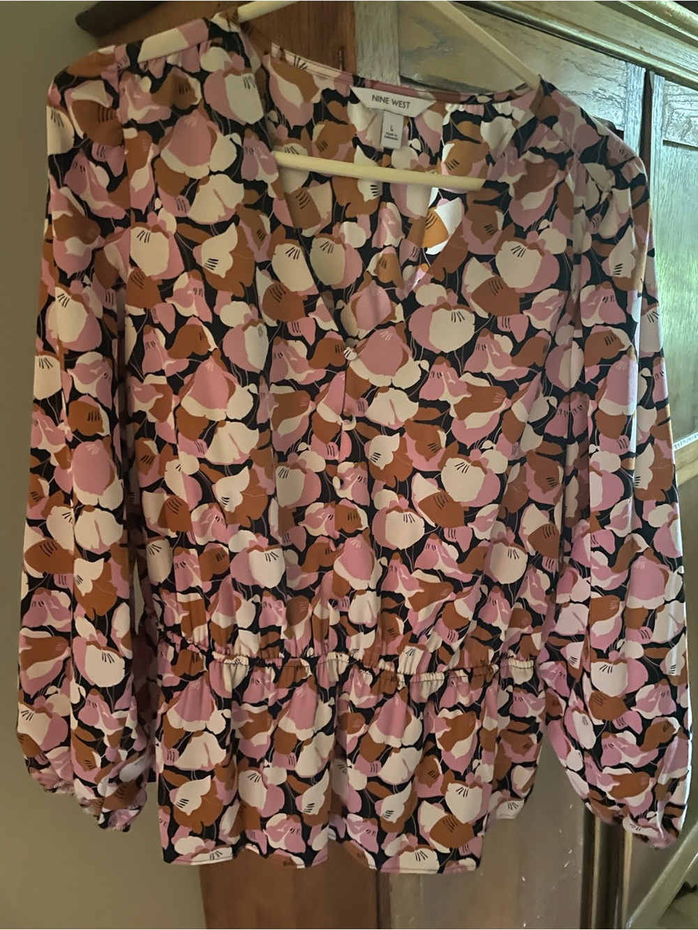 Nine West Pink, Brown & Black Floral V-Neck Long-Sleeve Blouse